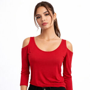 C&C California Red Cold Shoulder Long Sleeve Cotton Top XS Women’s Casual Shirt